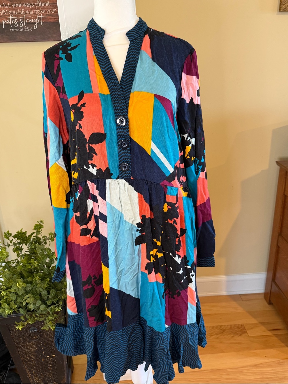 Anthropologie Maeve Colorblock Floral Mini Dress Long Sleeve V-Neck